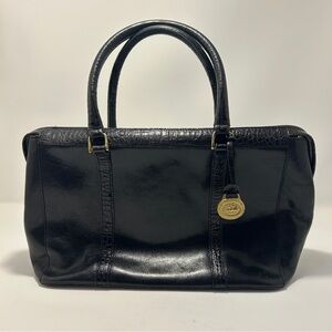 Vintage Brahmin Black Polished Leather w/ Crocodile Trim Convertible Handbag 90s